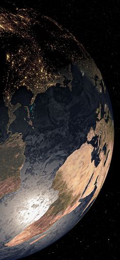 an image of the earth from space at night with lights shining on land and water