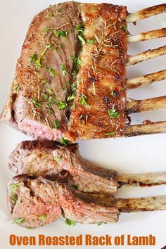 the steak is cut in half and ready to be served on the plate for consumption