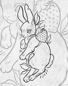 a black and white drawing of a rabbit holding a strawberry