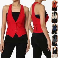 Fitted Casual Vest For Office, Fitted Solid Vest For Spring, Fitted Solid Color Vest For Spring, Solid Fitted Vest For Spring, Fitted Vest For Fall, Trendy Fitted Red Vest, Red Fitted Trendy Vest, Trendy Red Fitted Vest, Fitted Red Vest For Spring