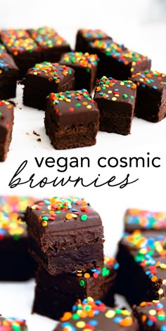 chocolate brownies with colorful sprinkles are arranged on a white surface and the words vegan cosmic above them