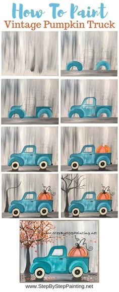 an old blue truck with pumpkins painted on the front and side, in different stages