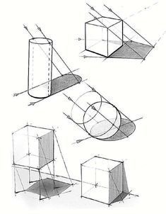 three different shapes and lines are shown in the drawing technique, including an object that appears to have been drawn