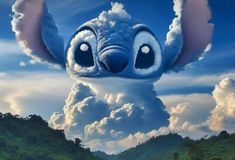 an image of a cartoon character in the sky with clouds and trees behind it,