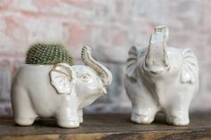 two white ceramic elephants sitting next to each other on a wooden table in front of a brick wall