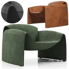 two different types of modern chairs and one is green with brown leather upholstered