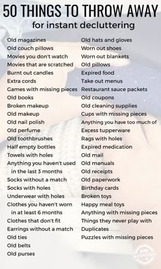 the 50 things to throw away for instant decluttering in this postcard