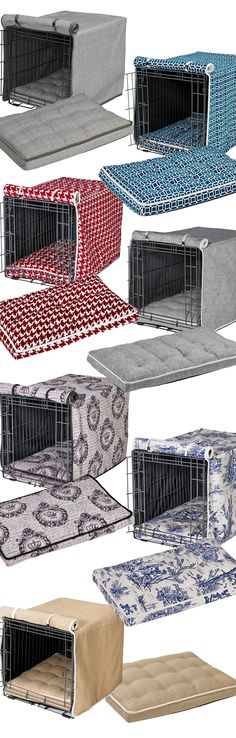 several different types of dog cages with their lids open and the covers folded over them