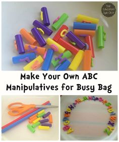 several different types of toys and letters with the words make your own abc manipuatives for busy bag