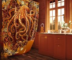 an octopus themed shower curtain hangs in the corner of a bathroom with brick walls and wooden floors