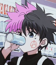 an anime character drinking from a can with pink hair and piercings on his ears