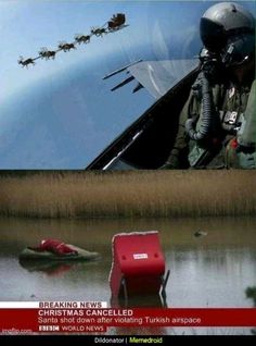 an image of santa claus being pulled into the water by a helicopter with reindeers in the background