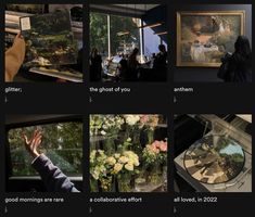 several photographs of people looking at paintings and flowers