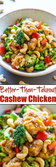 a bowl filled with cashew chicken and broccoli next to another bowl full of cashew chicken