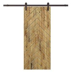 a wooden door with an arrow pattern on the front and back side, hanging from a metal rod