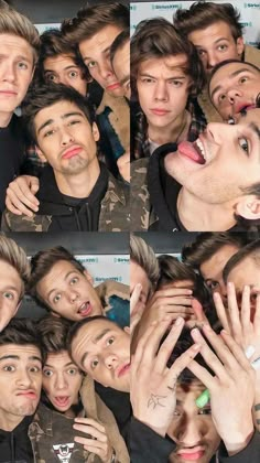 several pictures of one direction with their hands in the air and two people making faces