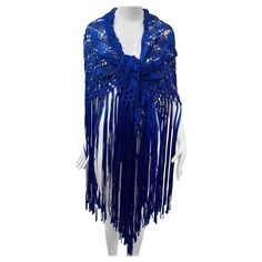 1970s Cobalt Blue Rayon Ribbon Macrame Shawl with Extravagant Fringe: This exuberant example of beautifully executed macrame with make a big blue splash at a party! Large triangular shape. One size fits all. Macrame Shawl, Macrame Fringe, Fringe Shawl, Big Blue, Cobalt Blue, One Size Fits All, Cobalt, Shawl, Macrame