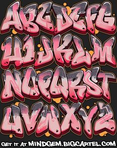 graffiti font and numbers with spray paint in pink, black and white colors on a black background