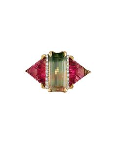 This one of a kind ring is new to our Rock collection. It features 9.20 cts tourmaline and .29 cts diamonds. Set in 14k yellow gold. Measures approximately half an inch tall. One piece available for immediate ship. Size 7 Art Deco Wedding Ring Vintage, Open Band Wedding Ring, Funky Engagement Rings, Cocktail Rings Statement, Unique Gemstone Engagement Rings, Creative Engagement Rings, The Bling Ring, Bling Ring, Engagement Ring Inspiration