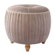 a round stool with wooden legs and pleated fabric on the top, sitting in front of a white background