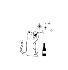 a black and white drawing of a cat drinking from a wine bottle with stars in the background