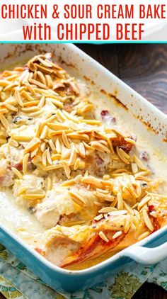 chicken and sour cream bake with chopped beef in a blue casserole dish