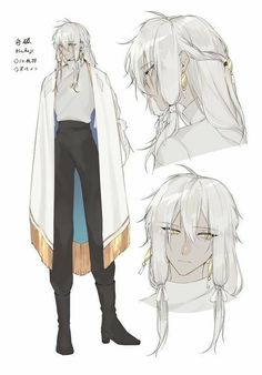 an anime character with long white hair and black pants, in three different poses on the same