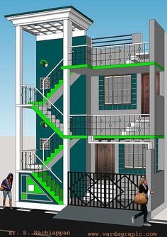 two people walking past a tall building with green and white balconies on the second floor