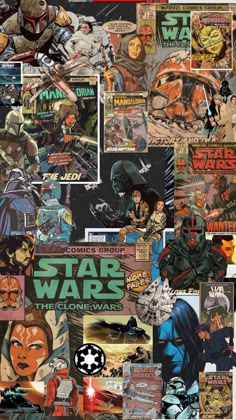 star wars collage with comic covers and characters in the style of cartoon art, including darth vader