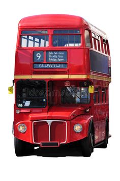 a red double decker bus driving down the street in front of a white background,