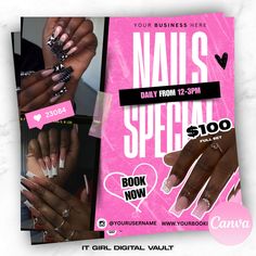 an advertisement for nail salon with different manies on the front and back of it