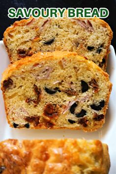 two slices of savory bread on a white plate with the words savory bread