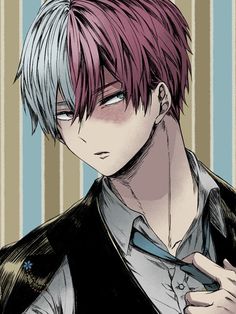 an anime character with pink hair wearing a black jacket and grey shirt, standing in front of striped wallpaper