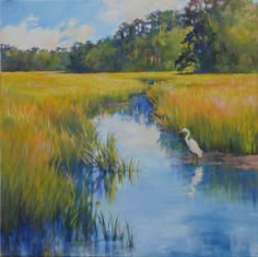 a painting of a bird standing in the grass near a river and some tall grass