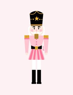 a nutcracker in pink and gold is featured on a light pink background with the word