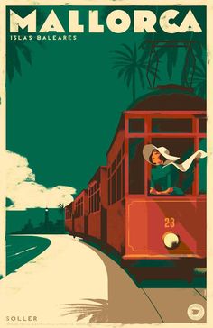 a vintage style travel poster for mallorca featuring a woman in a train car