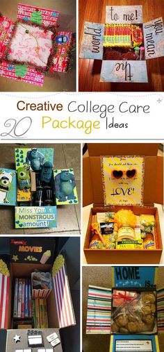 the collage shows several different boxes with items in them, including books and candy