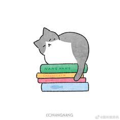 a drawing of a cat sitting on top of books with the caption, i love cats