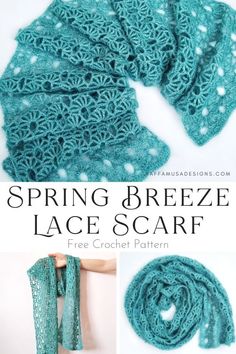 a crocheted scarf with the text spring breeze lace scarf