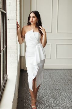 reception dress elliatt Mid Length Reception Dress, Marine Retirement, Cocktail Wedding Dress, Shower Dress For Bride, Bride Party Dress, Reception Dress Short, Retirement Ceremony, White Dress Bride, White Rehearsal Dinner Dress