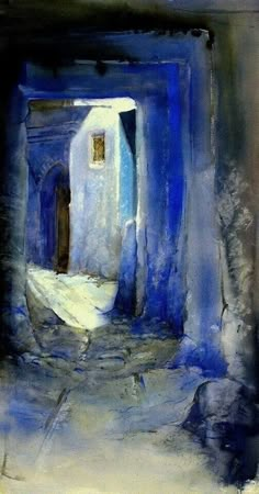 an oil painting of a narrow alleyway with blue walls and doorways on either side