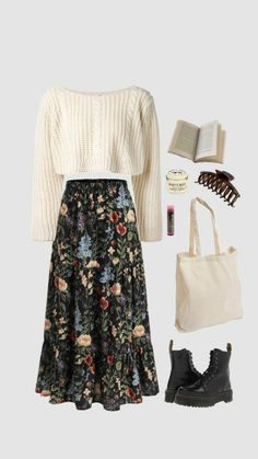 Cute Everyday Outfits Modest, December Church Outfits, Diana Bishop Outfits, Main Character Aesthetic Outfits, Italy Fall Outfits, Modern Modest Outfits, Modern Boho Outfit, Fall Cottagecore Outfits, Sweater And Skirt Outfit