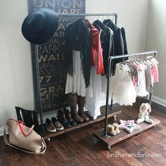 a rack with clothes and shoes on it