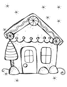 a drawing of a gingerbread house with candy canes on it's roof