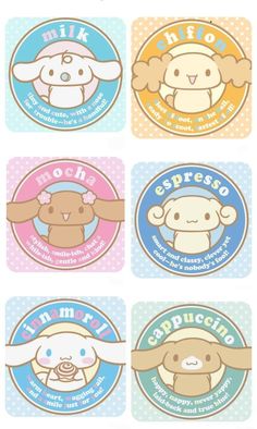 four stickers with different animals and words on them, all in pastel colors