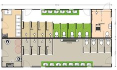 the floor plan for an office with two separate rooms and three toilets in each room