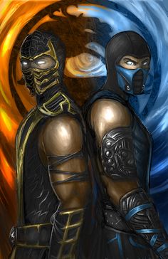 two ninjas standing next to each other in front of a blue and yellow background