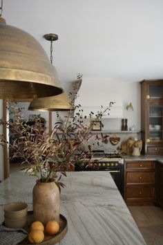 a vase with some flowers in it sitting on a kitchen counter