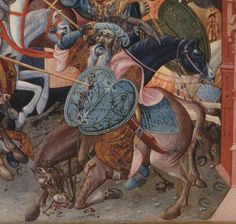 a painting of men on horses in front of a wall with other people and animals