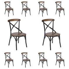 six chairs with wooden seat and metal frame, all in different positions on a white background